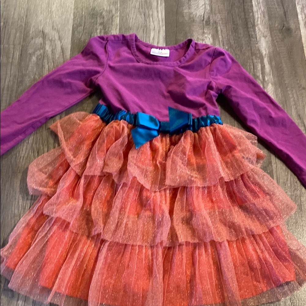 Purple and Orange Layered Dress with Blue Bow